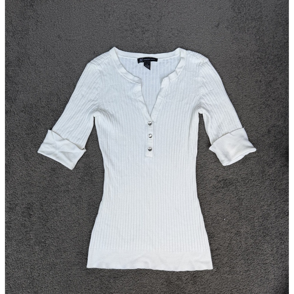 INC International Concepts White Ribbed Henley Top Rhinestone Buttons Small